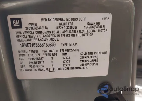 2003 Chevrolet Trailblazer Ext Lt из США, поврежденный, VIN 1GNET16S336159809